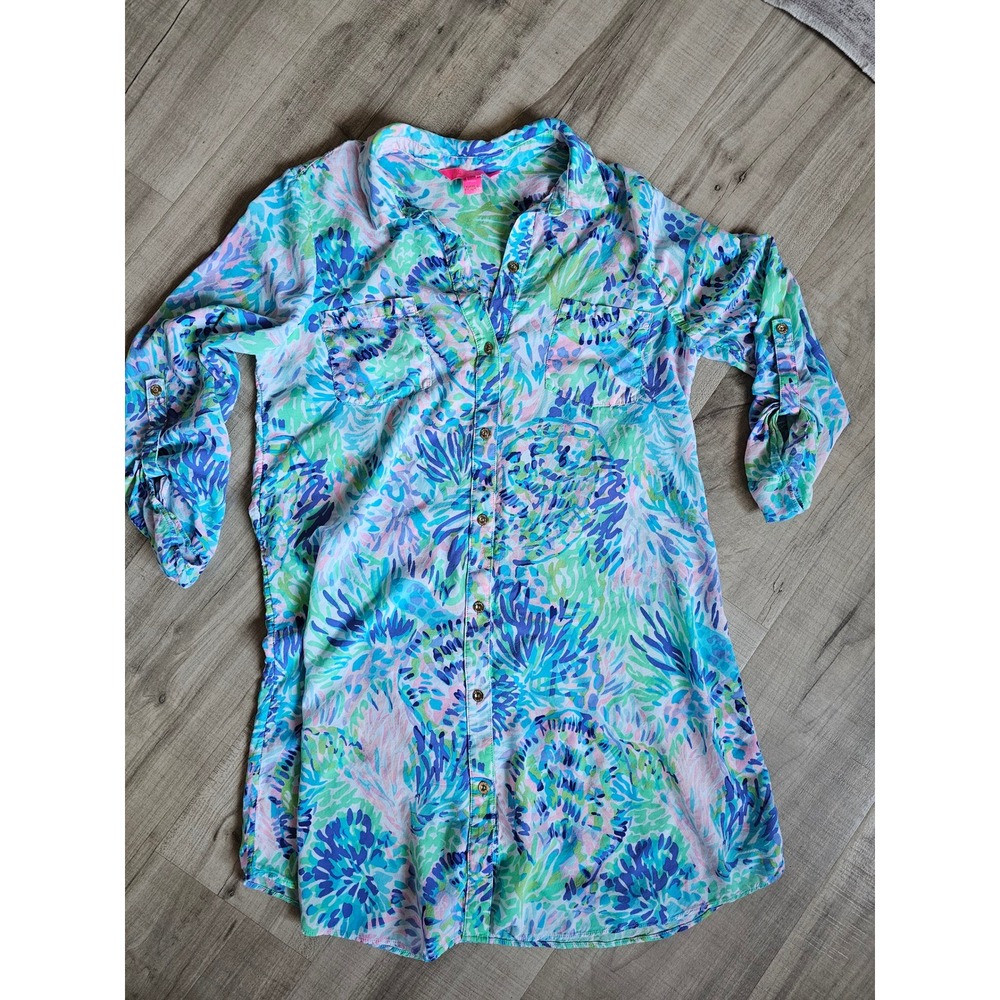 Lilly Pulitzer Elsa Button Down Tunic Top Blue Green Pink Coral Print Small